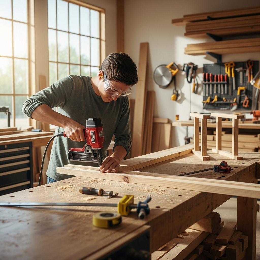 Visually represent the woodworking and DIY tool theme in a bright, modern, and relatable setting —