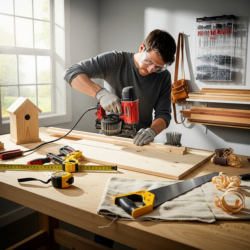 Visually represent the woodworking and DIY tool theme in a bright, modern, and relatable setting —