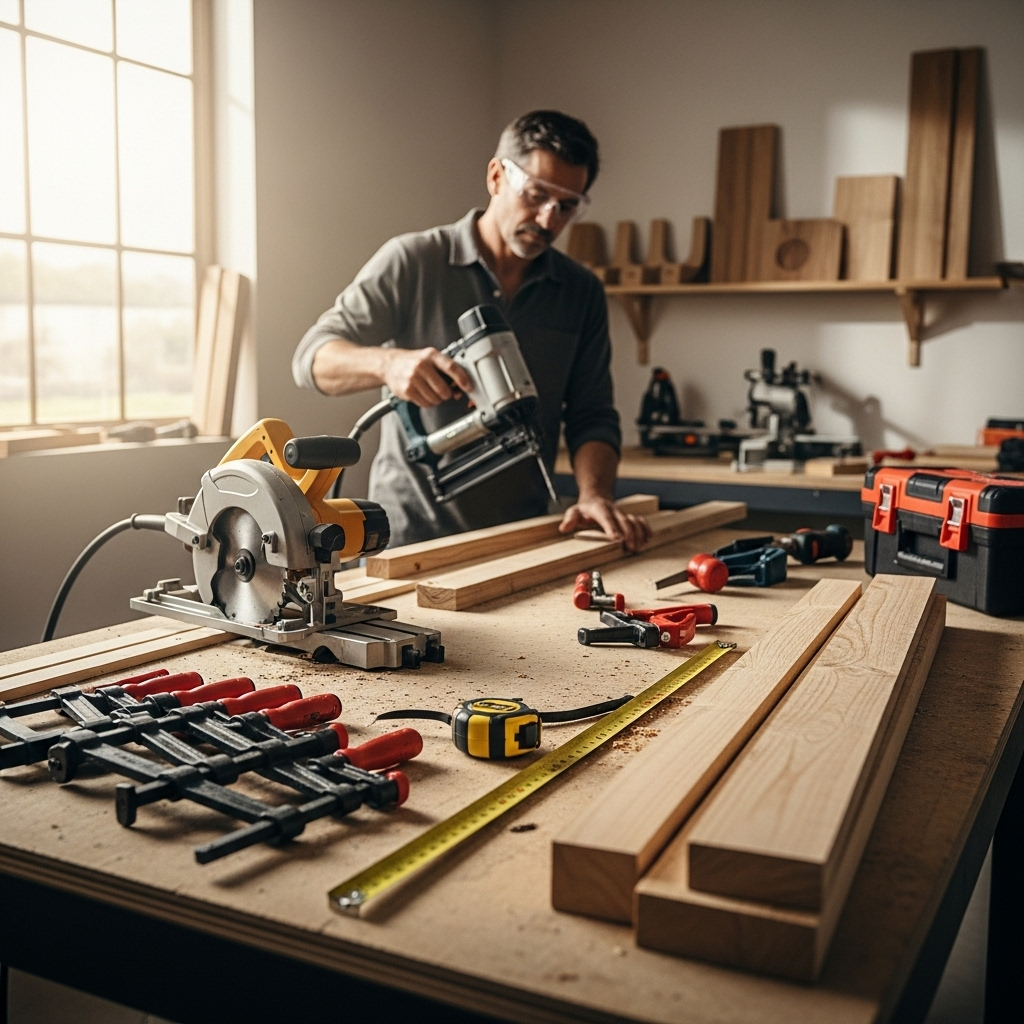Visually represent the woodworking and DIY tool theme in a bright, modern, and relatable setting —