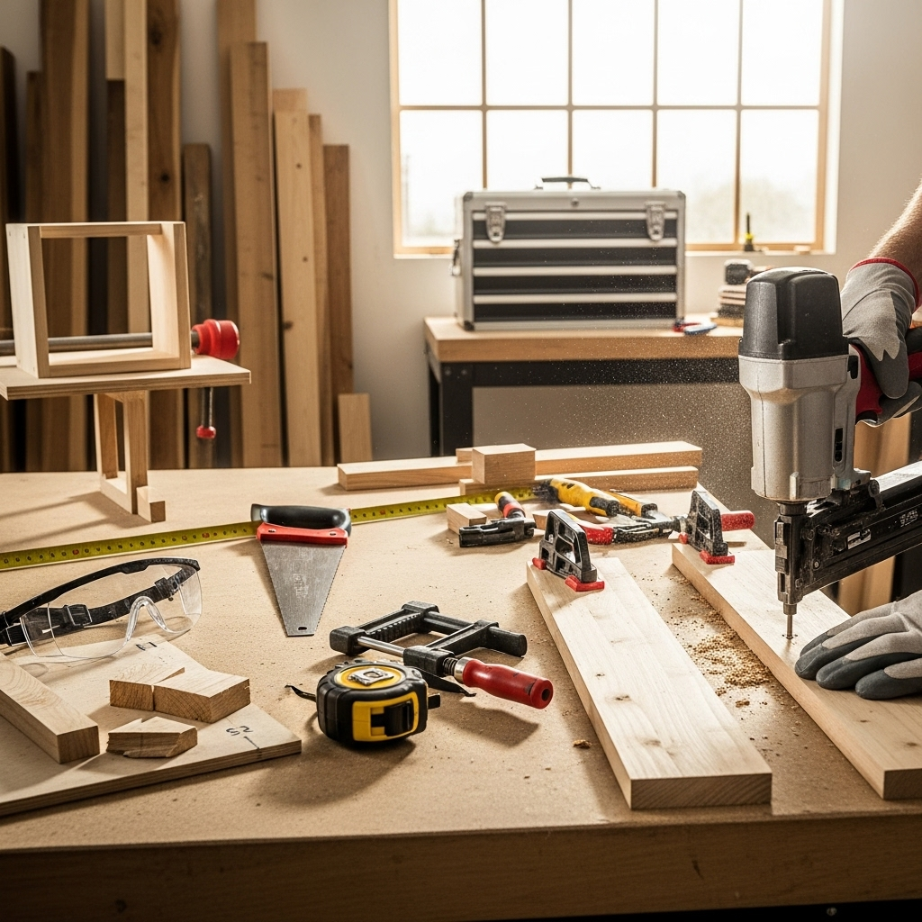 Visually represent the woodworking and DIY tool theme in a bright, modern, and relatable setting —