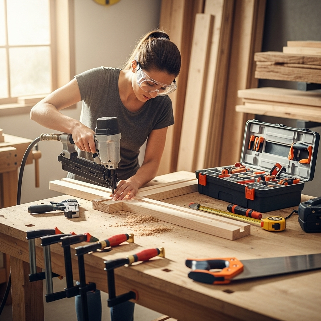 Visually represent the woodworking and DIY tool theme in a bright, modern, and relatable setting —
