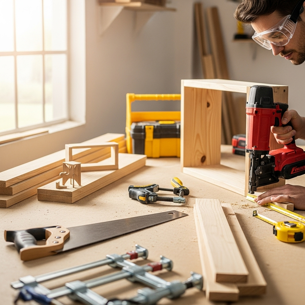 Visually represent the woodworking and DIY tool theme in a bright, modern, and relatable setting —