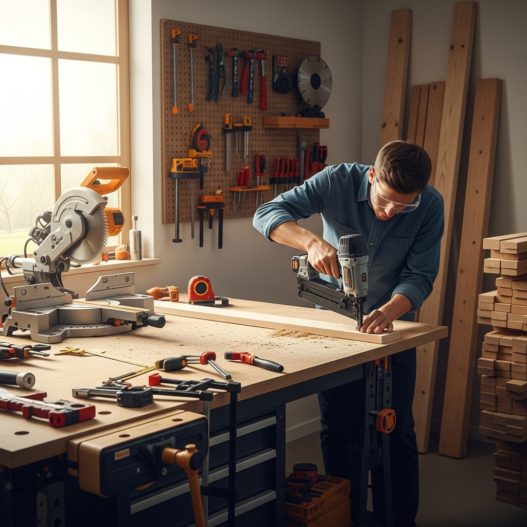 Visually represent the woodworking and DIY tool theme in a bright, modern, and relatable setting —