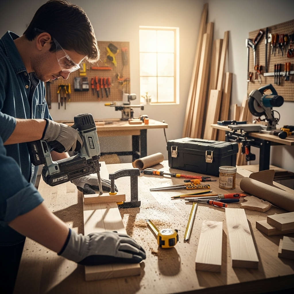 Visually represent the woodworking and DIY tool theme in a bright, modern, and relatable setting —
