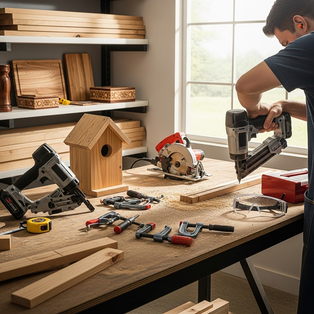 Visually represent the woodworking and DIY tool theme in a bright, modern, and relatable setting —