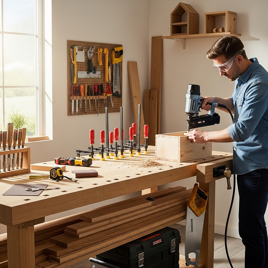 Visually represent the woodworking and DIY tool theme in a bright, modern, and relatable setting —