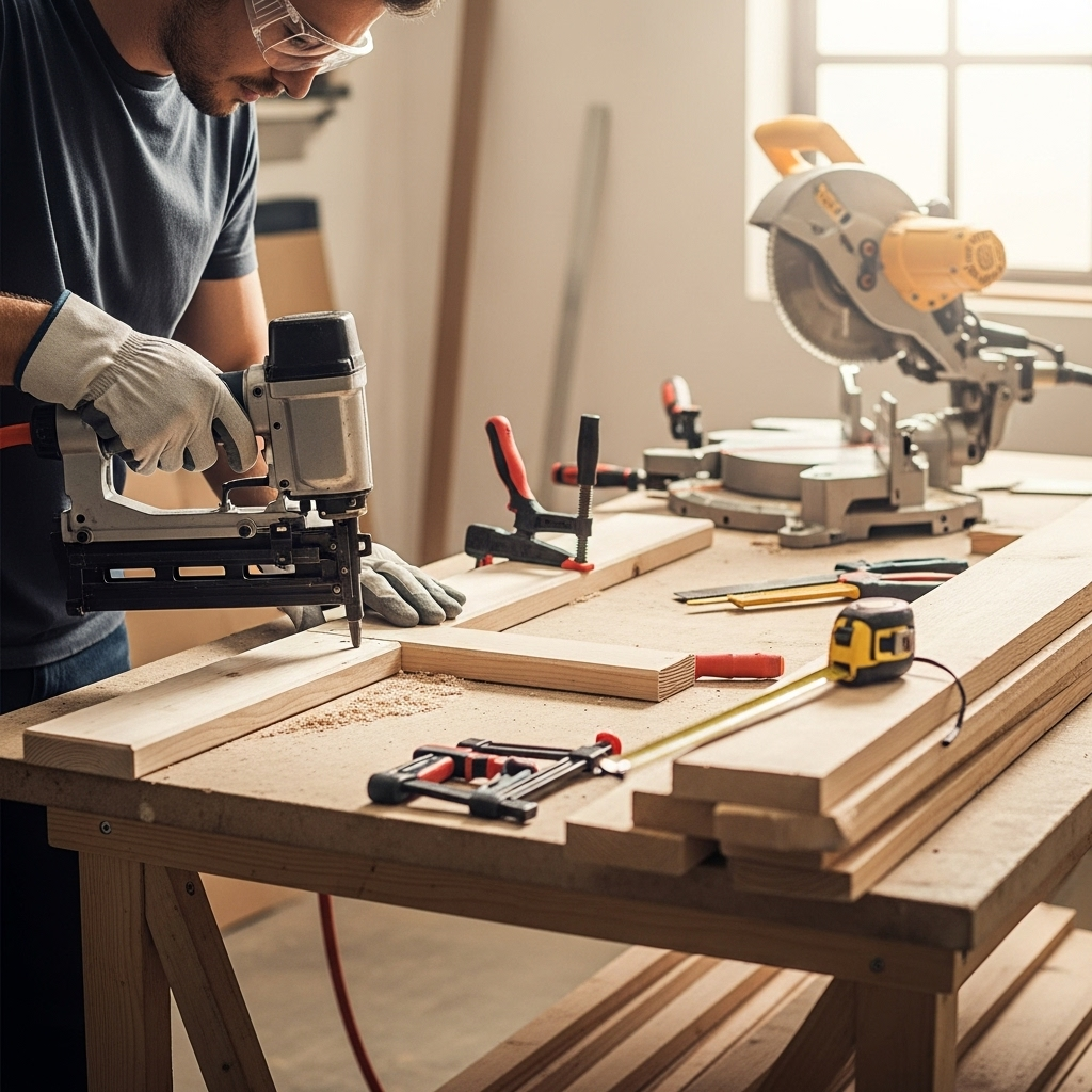 Visually represent the woodworking and DIY tool theme in a bright, modern, and relatable setting —