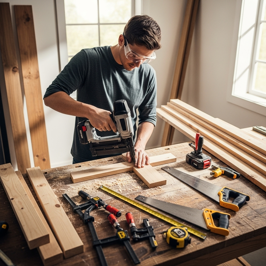 Visually represent the woodworking and DIY tool theme in a bright, modern, and relatable setting —