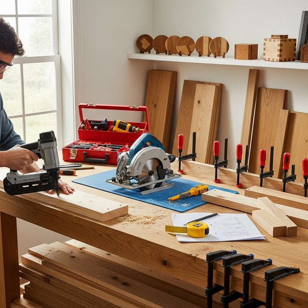 Visually represent the woodworking and DIY tool theme in a bright, modern, and relatable setting —