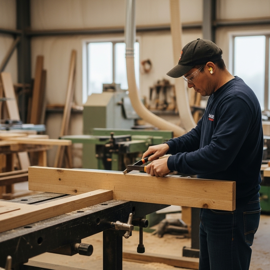 Visually represent the woodworking and DIY tool theme in a bright, modern, and relatable setting —