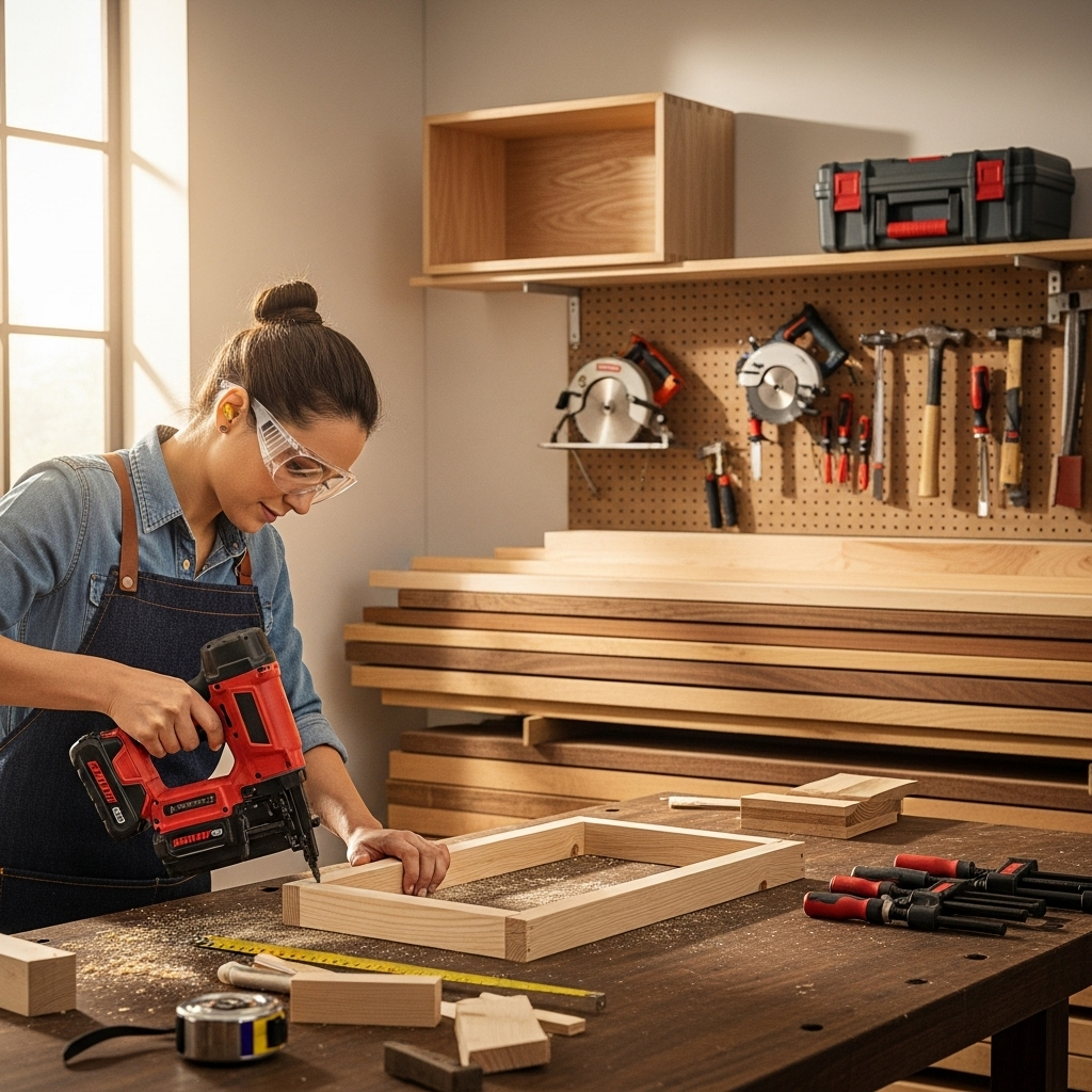 Visually represent the woodworking and DIY tool theme in a bright, modern, and relatable setting —