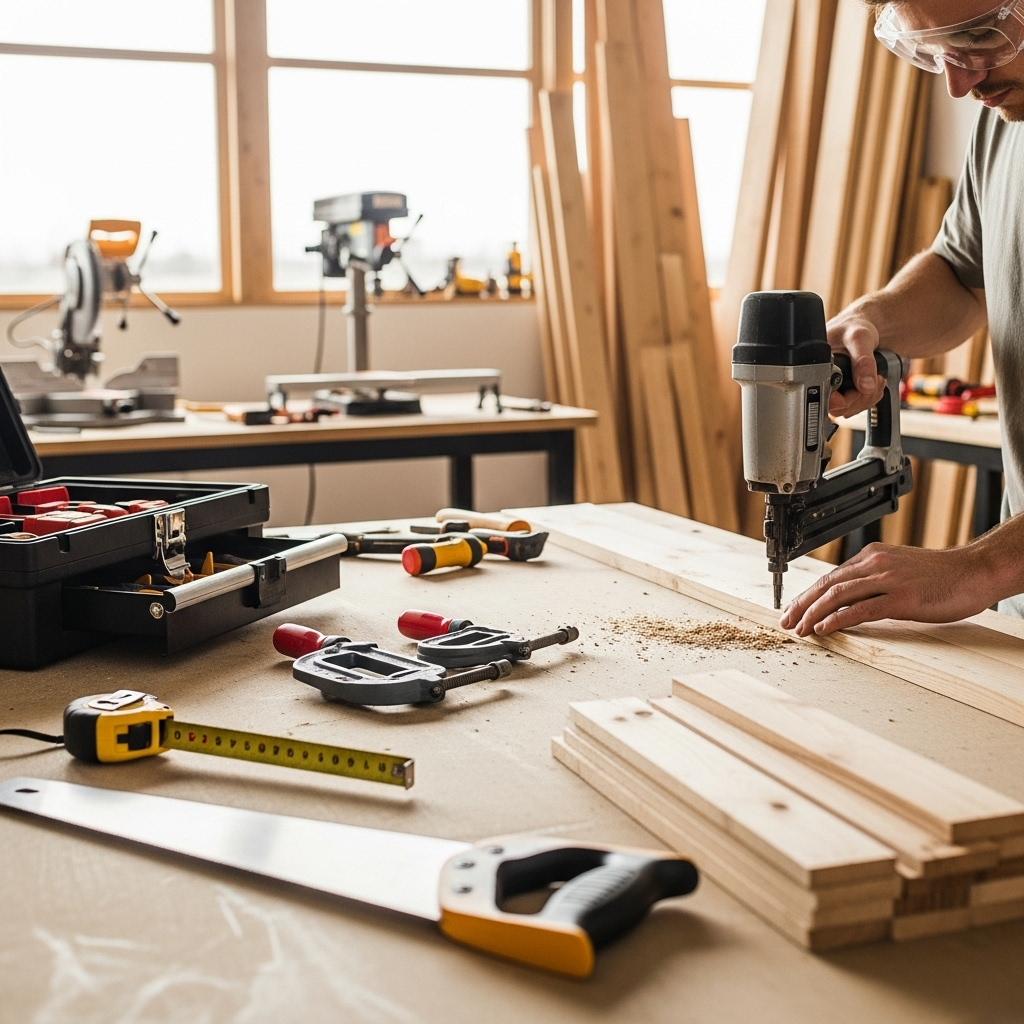 Visually represent the woodworking and DIY tool theme in a bright, modern, and relatable setting —