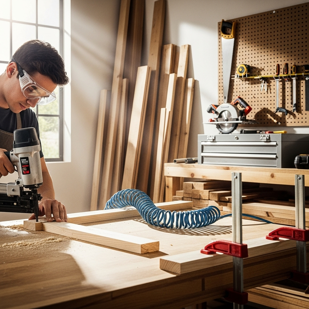 Visually represent the woodworking and DIY tool theme in a bright, modern, and relatable setting —