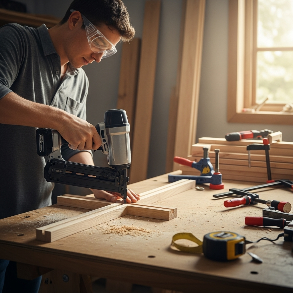 Visually represent the woodworking and DIY tool theme in a bright, modern, and relatable setting —