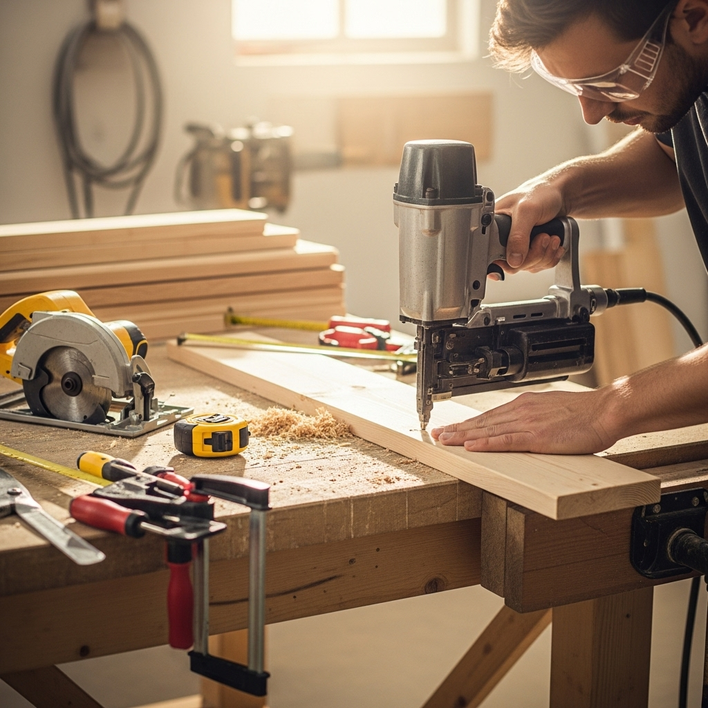 Visually represent the woodworking and DIY tool theme in a bright, modern, and relatable setting —