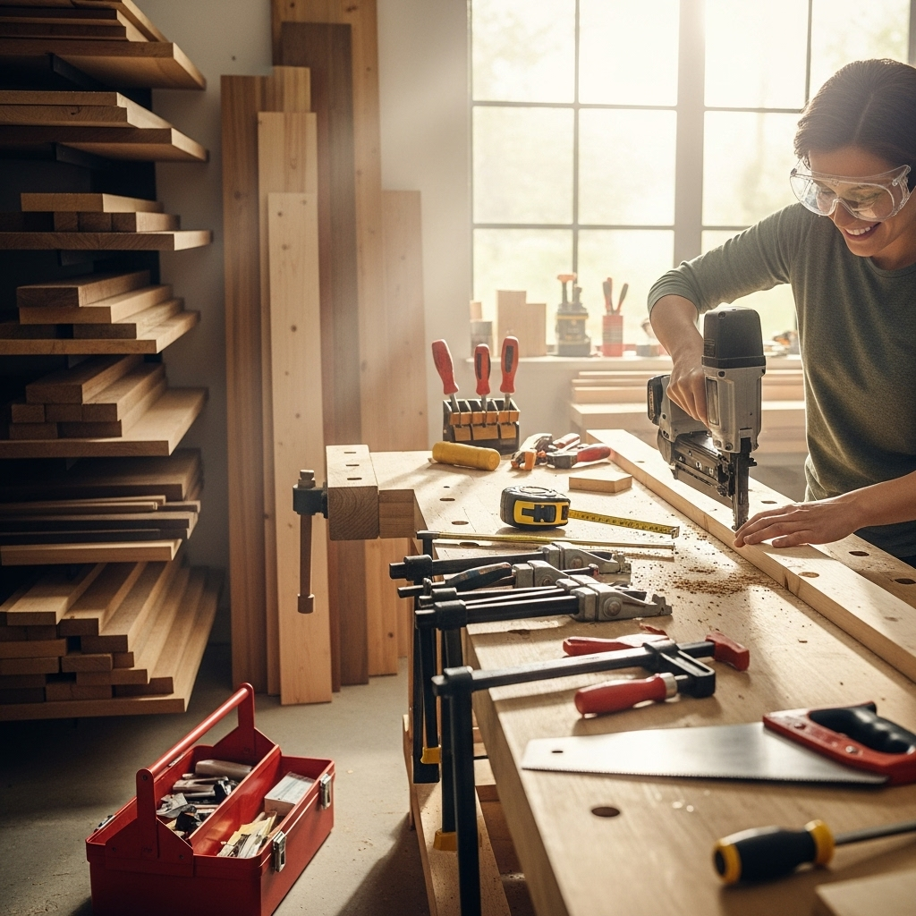 Visually represent the woodworking and DIY tool theme in a bright, modern, and relatable setting —