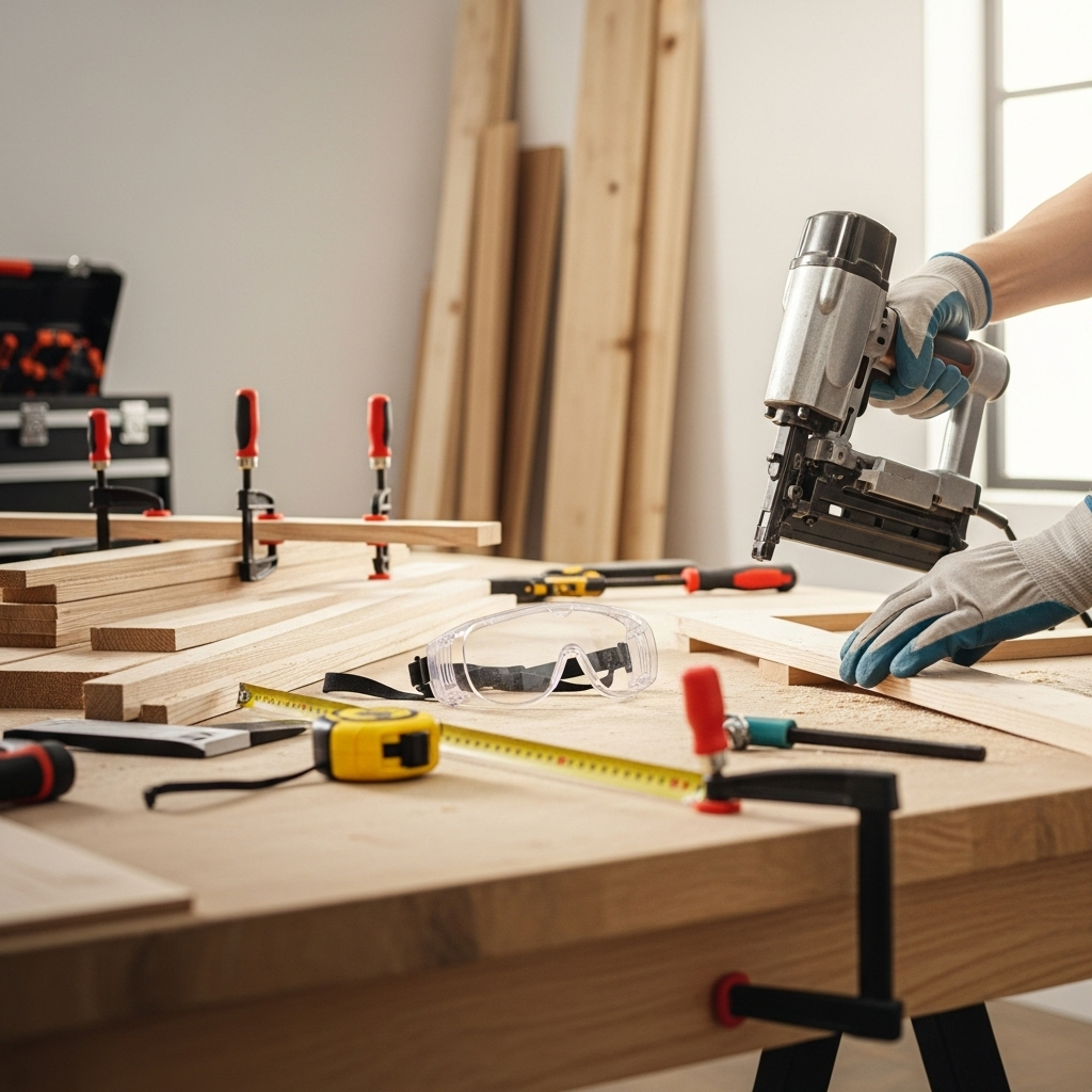 Visually represent the woodworking and DIY tool theme in a bright, modern, and relatable setting —