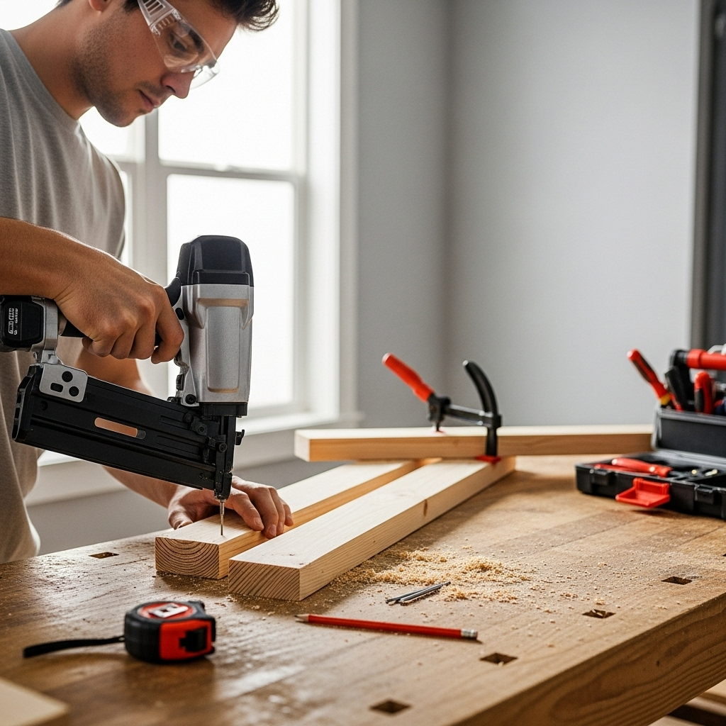 Visually represent the woodworking and DIY tool theme in a bright, modern, and relatable setting —