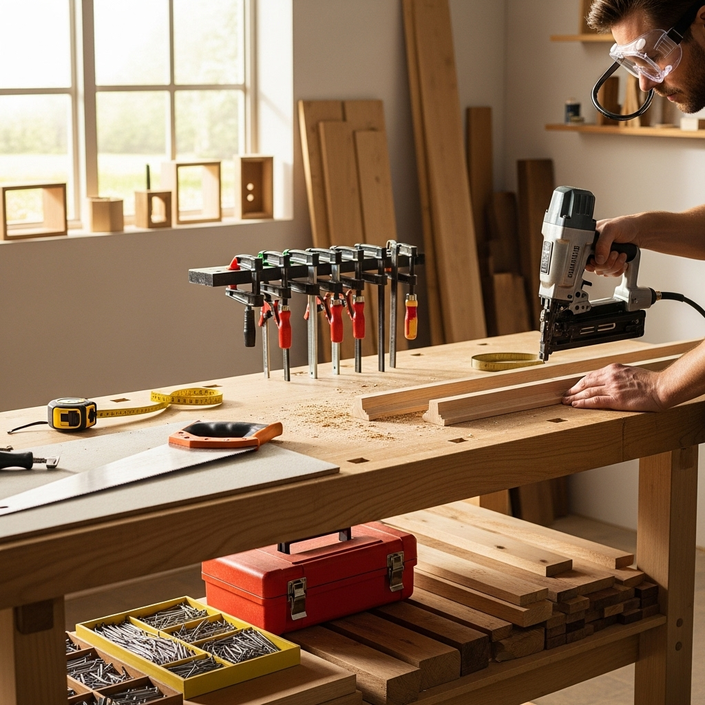 Visually represent the woodworking and DIY tool theme in a bright, modern, and relatable setting —