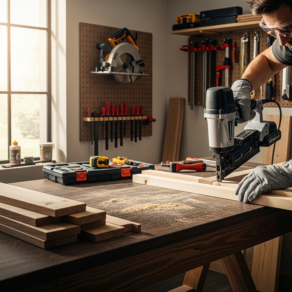 Visually represent the woodworking and DIY tool theme in a bright, modern, and relatable setting —