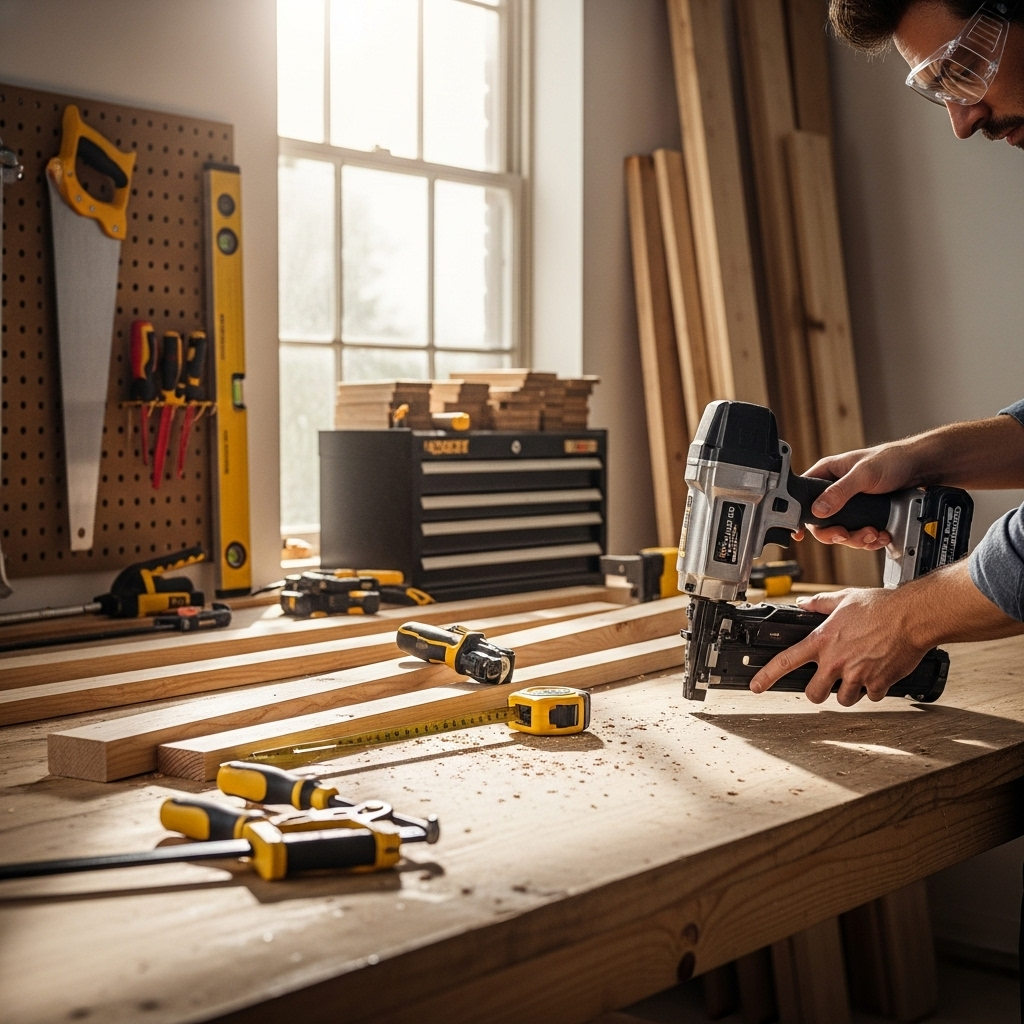 Visually represent the woodworking and DIY tool theme in a bright, modern, and relatable setting —