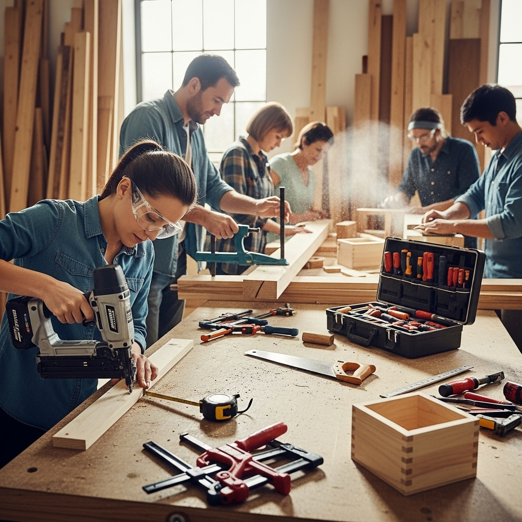 Visually represent the woodworking and DIY tool theme in a bright, modern, and relatable setting —