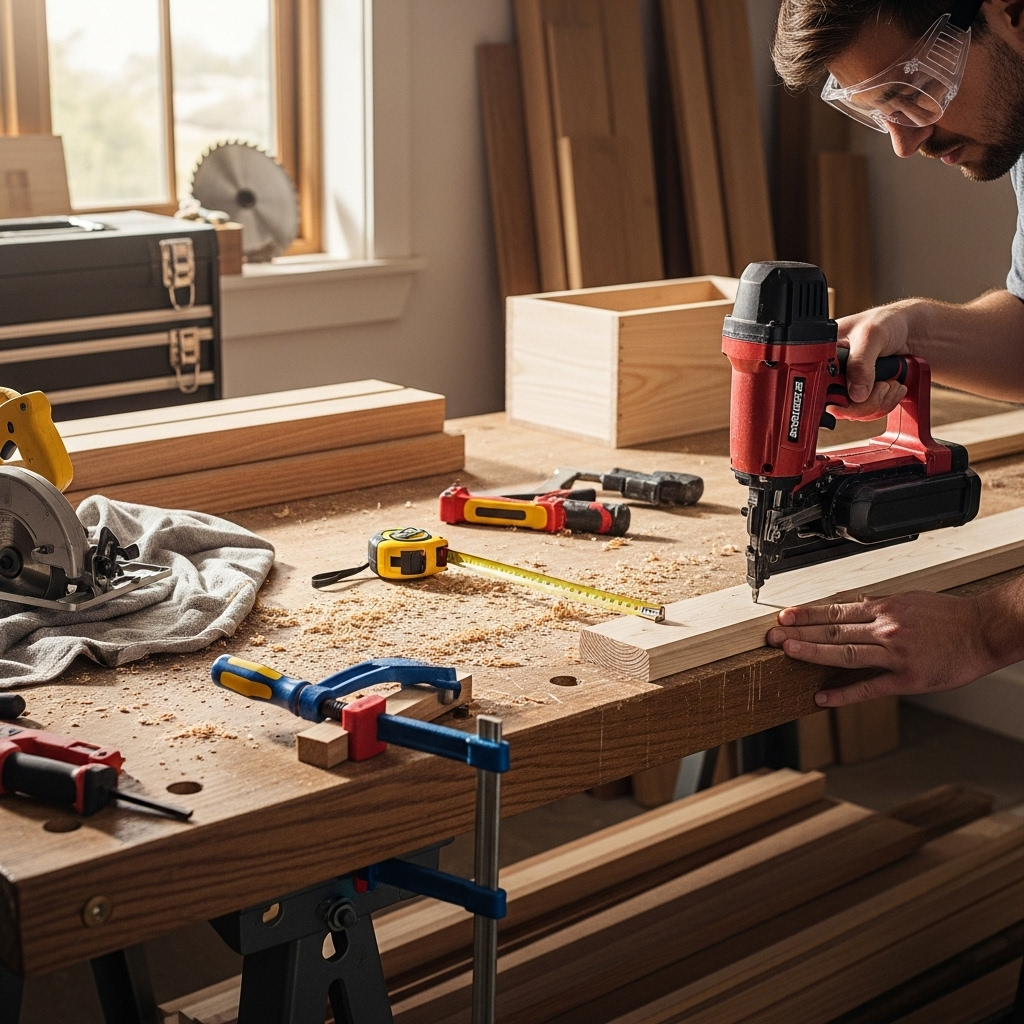 Visually represent the woodworking and DIY tool theme in a bright, modern, and relatable setting —