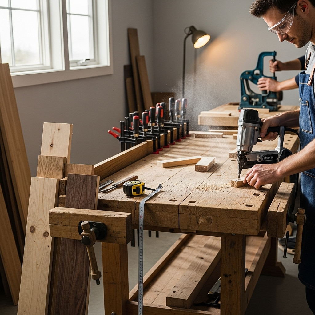 Visually represent the woodworking and DIY tool theme in a bright, modern, and relatable setting —