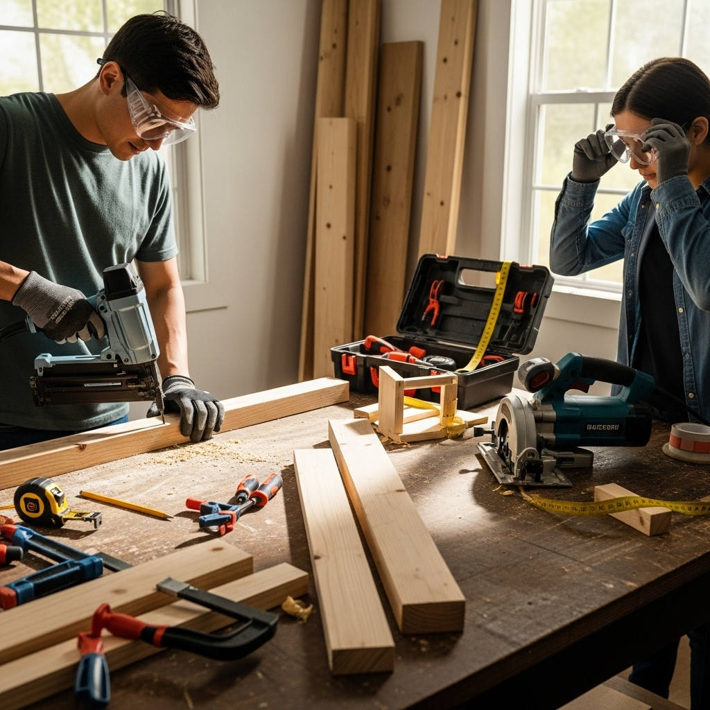 Visually represent the woodworking and DIY tool theme in a bright, modern, and relatable setting —